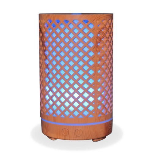 Aromar Tranquil Wood Diffuser with blue light on a white background