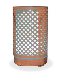 Aromar Tranquil Wood Diffuser with light blue light on a white background