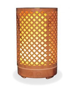 Aromar Tranquil Wood Diffuser with yellow light on a white background