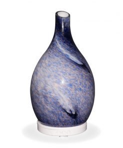 Rotating glass amphora shaped blue diffuser with no light on a white background