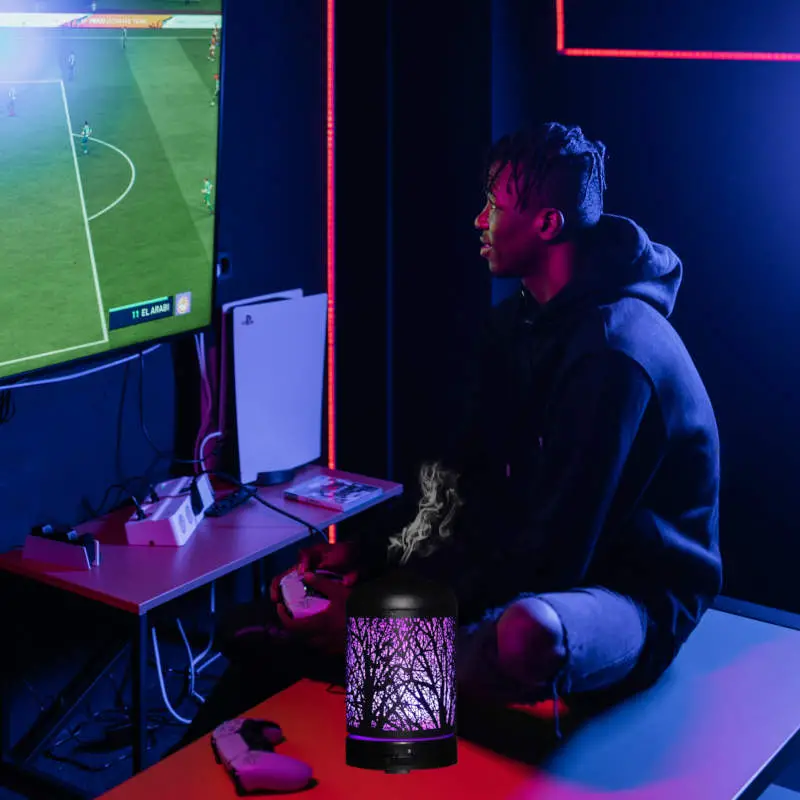 Man playing a video game with a near by diffuser turned on