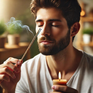 Man smelling cedarwood incense