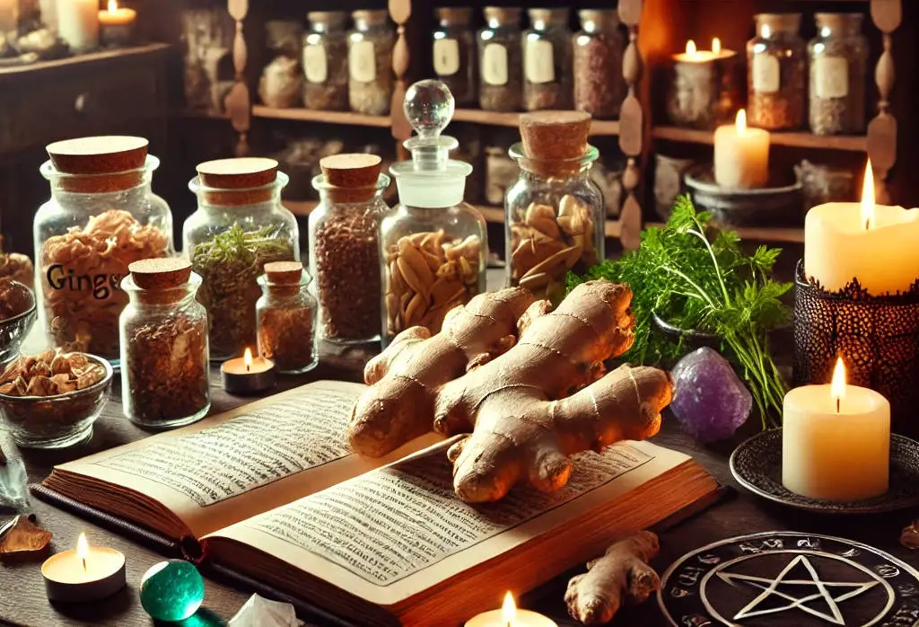 Ginger root placed on a table surrounding by items used in magic