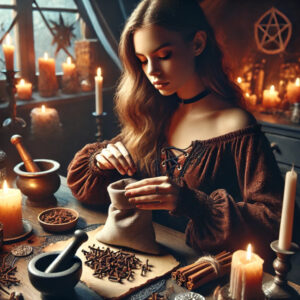 A witch using cloves in a magic ritual