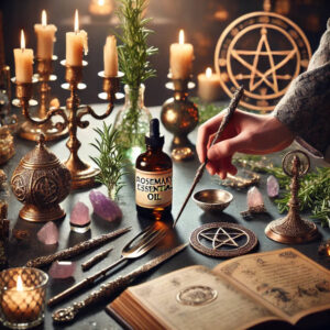 Rosemary essential oil being used to consecrate magical tools before a ritual