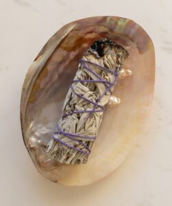 Bundle of white sage in a sea shell
