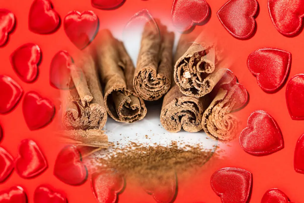 Cinnamon in love spells - cinnamon sticks and powder against a background of red hearts