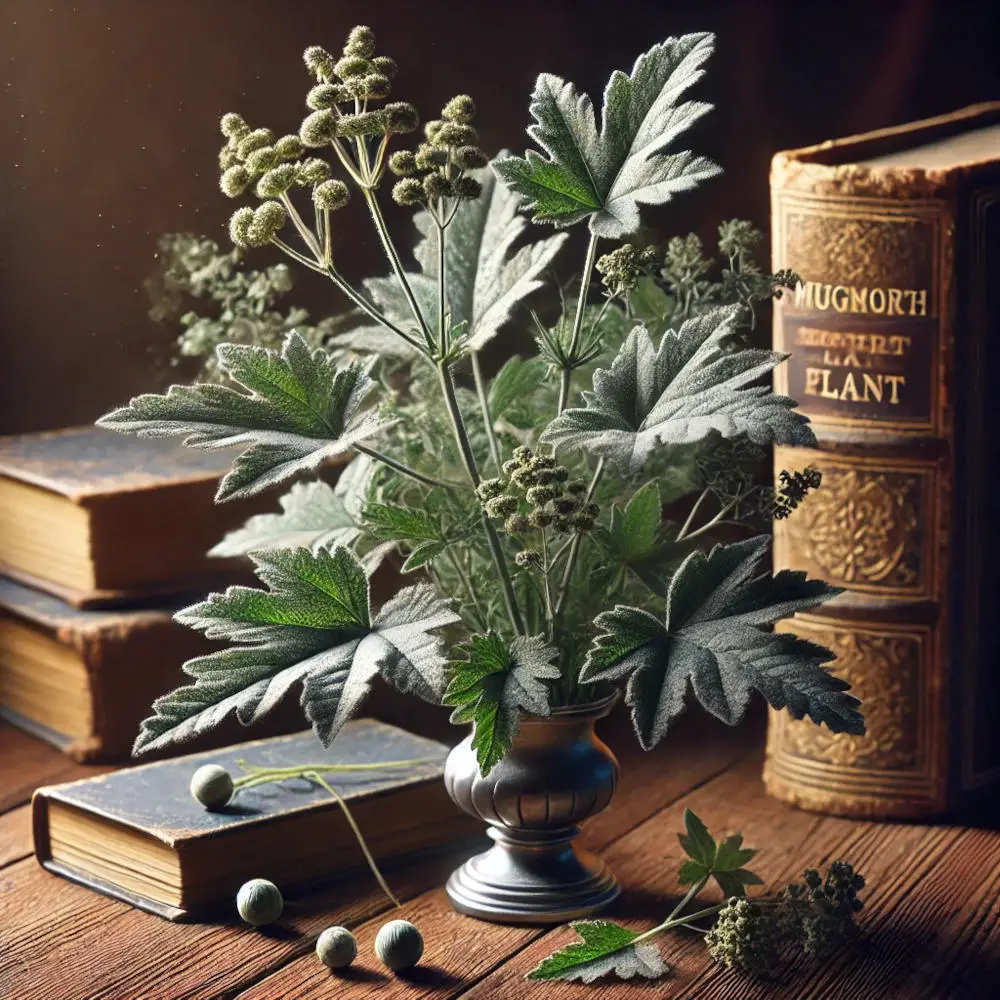 mugwort on a table surrounded by books about magic
