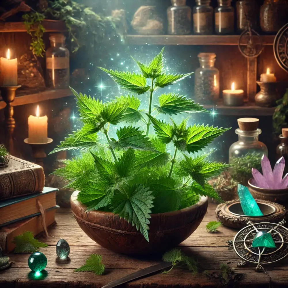 A nettle plant sitting on an altar surrounded by supplies used in magic.