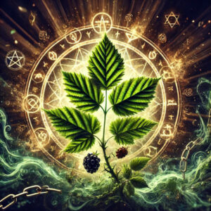 Black berry leaf with magical breaking hexes and banishing negativity symbols