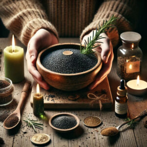Someone performing a Black sesame seed longevity and prosperity ritual