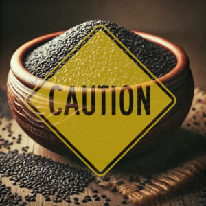A bowl of sesame seeds with a caution sign superimposed over the image
