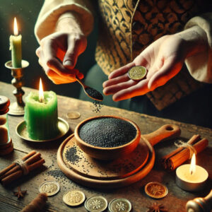 Someone performing a Black sesame seed prosperity ritual