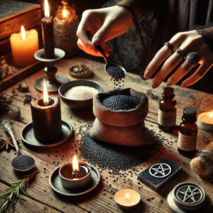 Someone performing a Black sesame seed ritual for warding off bad luck