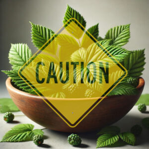 A bowl of fresh blackberry leaves with a caution sign superimposed over the leaves