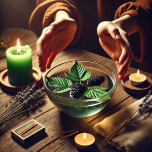 Someone performing a black berry leaf healing ritual