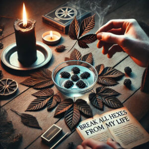 Someone performing a black berry leaf hex breaking and negativity banishing spell