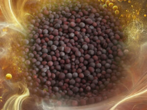 Magical properties of brown mustard seeds with a background of wispy orange swirls.