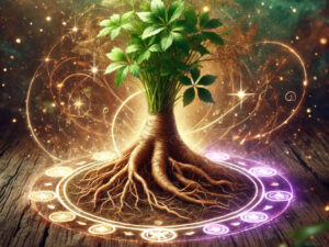 7 magical properties of butcher's broom root - showing plant and root surrounded by magical symbols related to the plant.