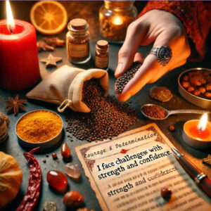 Brown mustard seed being used in a magical courage and determination ritual