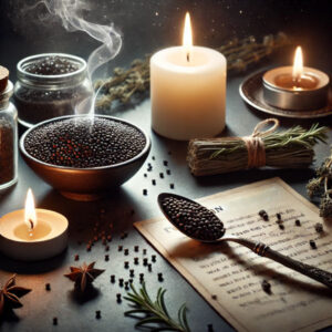 Brown mustard seed being used in a magical protection ritual
