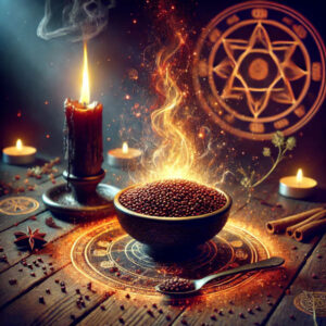 Brown mustard seed with magical and spiritual hex-breaking symbols