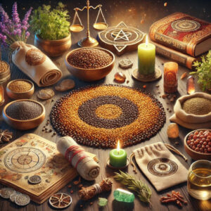 Brown mustard seed with magical and spiritual imagery
