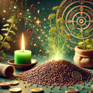 Brown mustard seed with magical and spiritual manifestation symbols