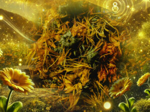 7 magical properties of calendula - dried calendula flowers with a magical background representing different magical aspects of calendula