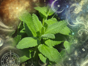 7 magical properties of catnip. A closeup of fresh catnip leaves on a mystical wispy background.