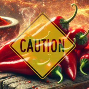 Cayenne peppers superimposed with a caution sign