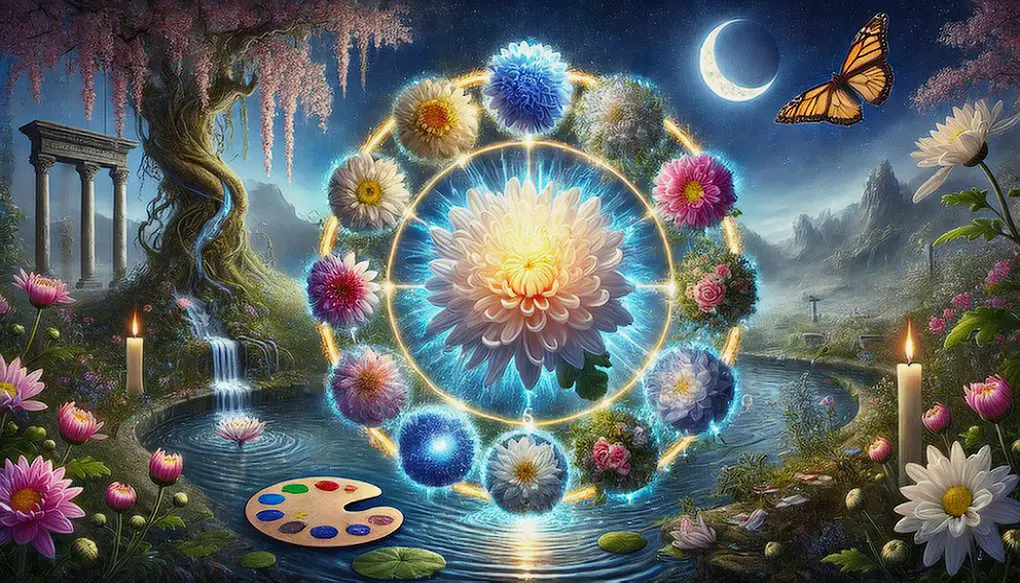 Different colors of chrysanthemums on a magical and mystical background related to its various magical properties