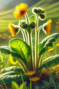 Closeup of a coltsfoot plant in bloom with yellow flowers