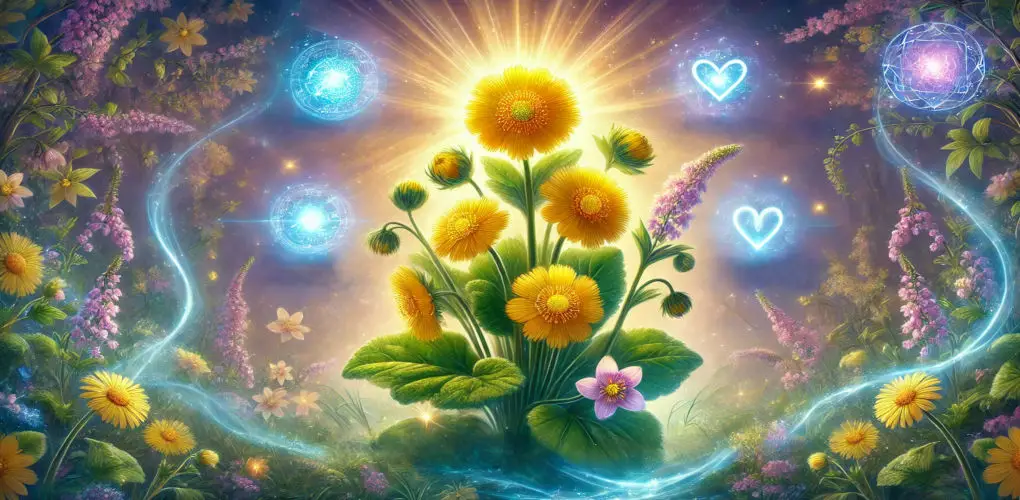 Coltsfoot with imagery of its 7 magical and spiritual properties