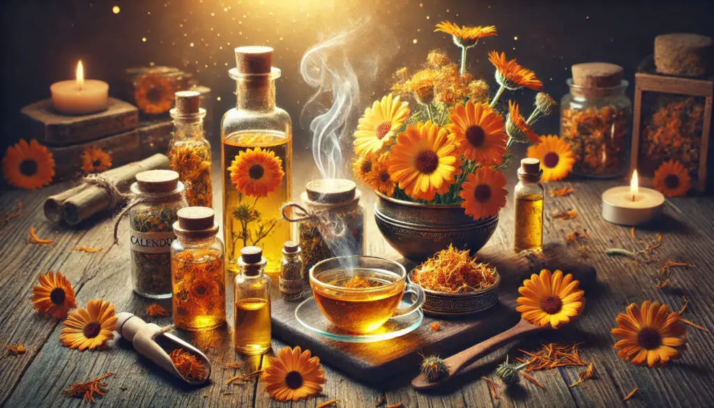 Calendula shown in its 7 main forms used in magical and spiritual practices