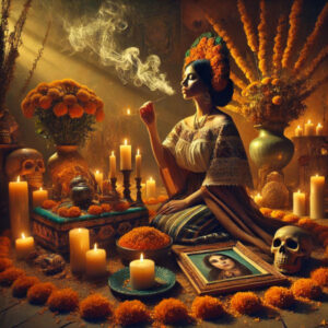 chrysanthemum being used in a magical ancestral connection ritual using: Fresh or dried Chrysanthemum, 
Myrrh incense, 
A white candle, 
A photo or item from a loved one