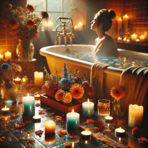 chrysanthemum being used in a magical emotional healing bath ritual with Dried Chrysanthemum, 
Rose petals, 
Chamomile, and 
A light blue or pink candle.