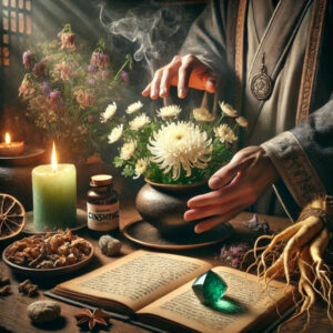 Chrysanthemum being used in a magical longevity and health spell using Chrysanthemum tea,
Ginseng, 
Amethyst, and 
a green candle,