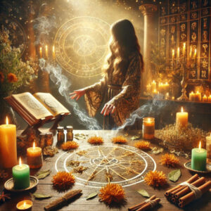 chrysanthemum being used in a magical prosperity and success spell using Dried Chrysanthemum, 
Bay Leaf, 
Cinnamon stick, and 
A green or gold candle.