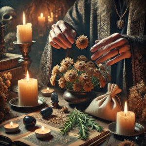 Someone creating a chrysanthemum protection charm using Dried Chrysanthemum petals,
Rosemary,
Black Tourmaline, 
small black or white pouch, and 
a white candle