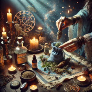 Comfrey being used to create a magical travel charm bag