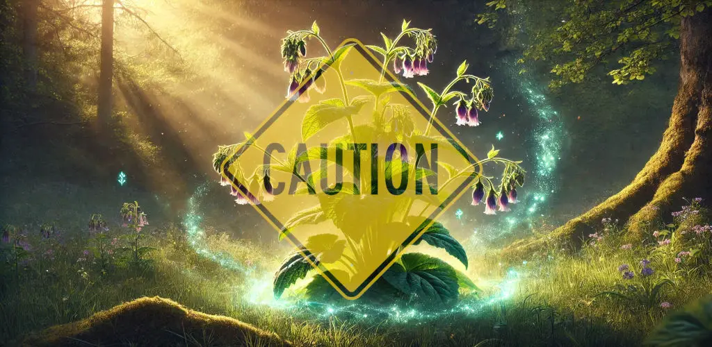 Comfrey plant growing in the forest with a caution sign superimposed over it