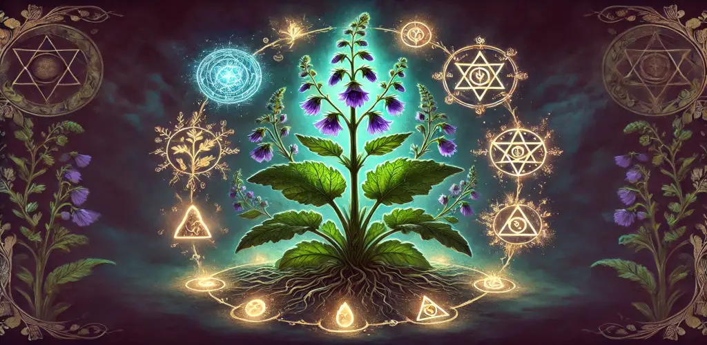 Comfrey plant surround by imagery of its 7 magical and spiritual properties