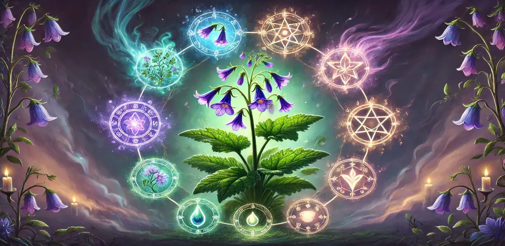 Comfrey with imagery related to its 7 additional magical and spiritual properties