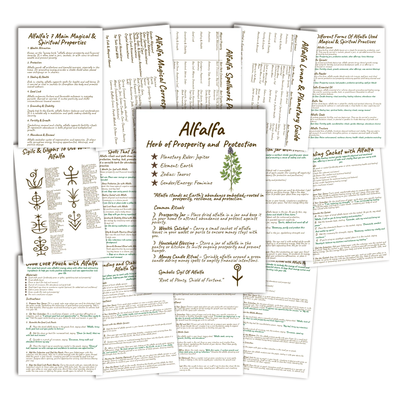 Alfalfa Printable Grimoire • A5 Herbal Magic Pages (16-Page Set) 3 alfalfa grimoire - book of shadows 16 pages on a plain white background
