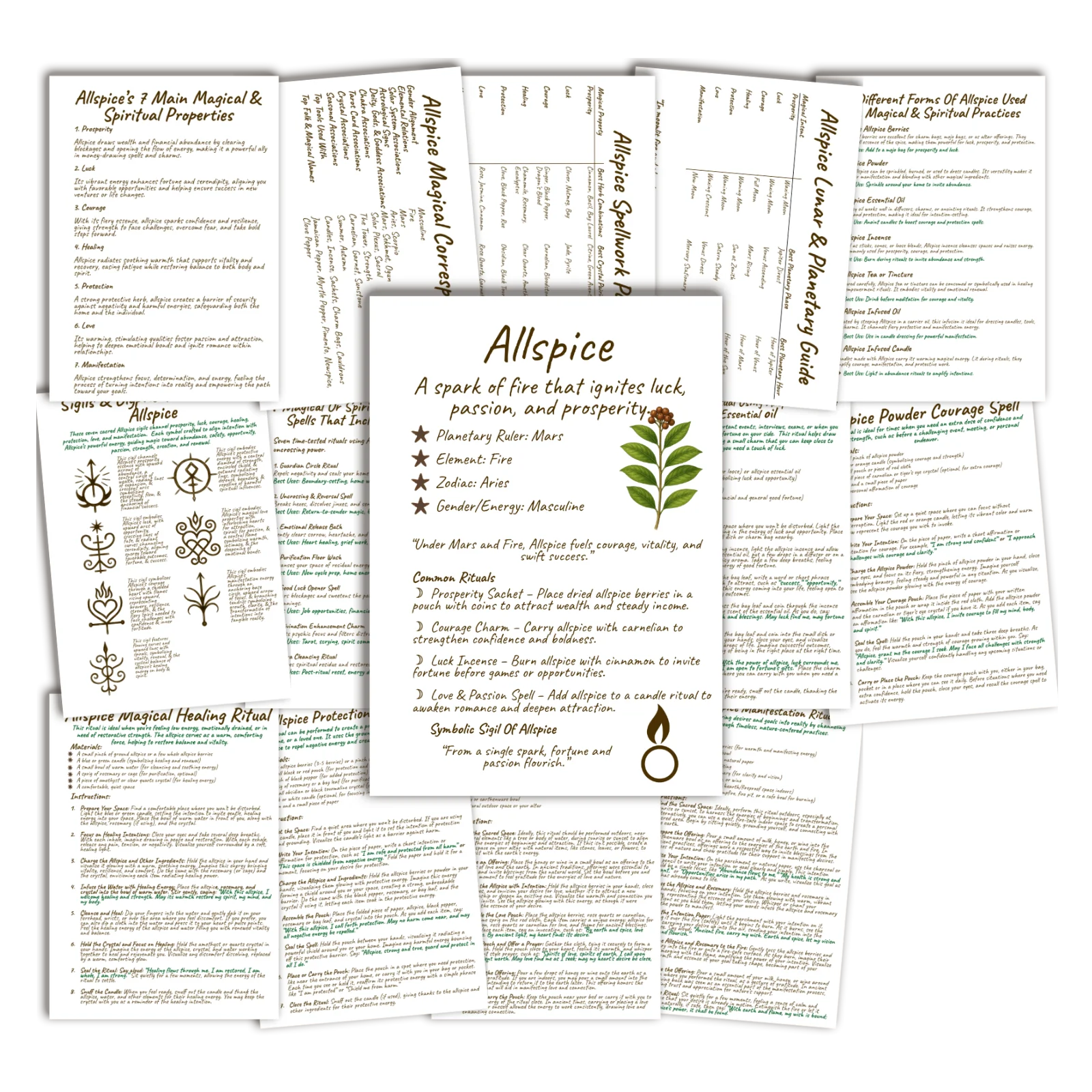 Allspice Grimoire • Printable A5 Herbal Magic Pages (16-Page Set) 4 Allspice book of shadows and grimoire pages with a plain white background