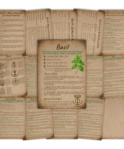 Basil grimoire image showing a full collection of handwritten parchment Book of Shadows pages with magical properties, rituals, sigils, and correspondences.